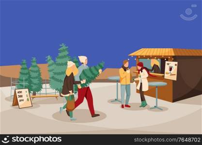 Cozy winter flat composition with outdoor landscape and happy couples buying new year trees drinking wine vector illustration. Buying Christmas Tree Composition