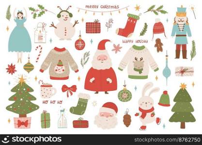 Cozy winter holiday set of Christmas design elements. Cute hygge wearing, Santa Claus, gifts, candles and gingerbread bundle. Colored flat vector illustrations isolated on white background. Cozy winter holiday set of Christmas design elements. Cute hygge wearing, Santa Claus, gifts, candles and gingerbread bundle.