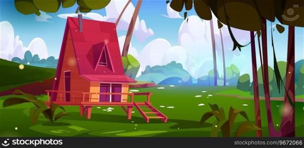 Cozy wooden cabin in forest among trees and bushes. Cartoon spring or summer landscape with small house for relaxing and c&ing in nature. Country vacation in village cottage or chalet hotel.. Cozy wooden cabin in forest among trees and bushes