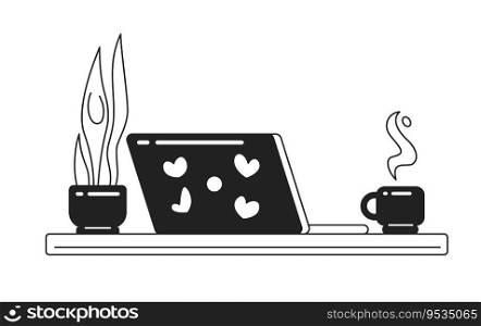 Cozy workplace monochrome flat vector object. Laptop, houseplant and coffee cup. Home office. Editable black and white thin line icon. Simple cartoon clip art spot illustration for web graphic design. Cozy workplace monochrome flat vector object