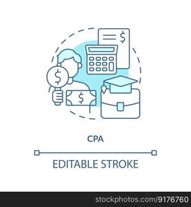 CPA turquoise concept icon. Certified public accountant. Accounting career abstract idea thin line illustration. Isolated outline drawing. Editable stroke. Arial, Myriad Pro-Bold fonts used. CPA turquoise concept icon