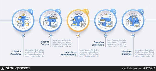 CPS pros vector infographic template. Collision avoidance, deep-sea exploration presentation design elements. Data visualization with 5 steps. Process timeline chart. Workflow layout with linear icons. CPS pros vector infographic template