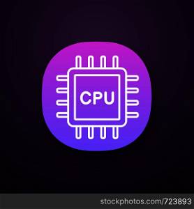 CPU app icon. UI/UX user interface. Electronic microchip, chipset, chip. Central processing unit. Computer, phone processor. Integrated circuit. Web or mobile application. Vector isolated illustration. CPU app icon