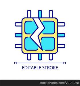 CPU breakage RGB color icon. Central processing unit. Microprocessor fracture. Computer hardware. Isolated vector illustration. Simple filled line drawing. Editable stroke. Arial font used. CPU breakage RGB color icon