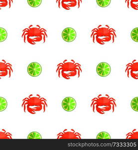 Crab and lime seamless pattern crab with claws of red color and lime, citrus with sour taste, pattern vector illustration isolated on white background. Crab and Lime Seamless Pattern Vector Illustration