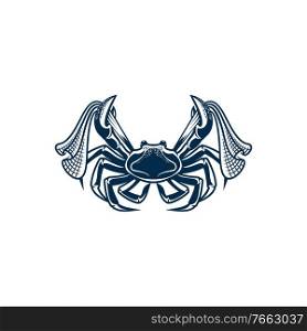 Crab catching net by pincers isolated marine animal mascot. Vector fishing club symbol. Fishing mascot isolated crab catch net by pincers