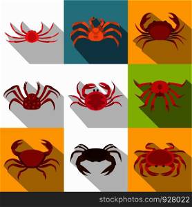 Crab icon set. Flat style set of 9 crab vector icons for web design. Crab icon set, flat style