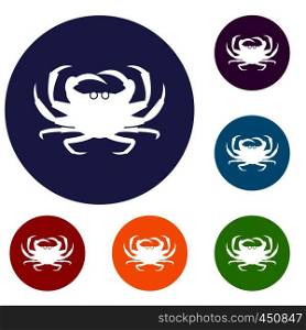 Crab icons set in flat circle reb, blue and green color for web. Crab icons set
