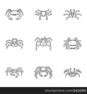 Crab icons set. Outline set of 9 crab vector icons for web isolated on white background. Crab icons set, outline style