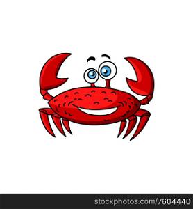 Crab isolated marine animal in cartoon style. Vector red crustacean with claws and big funny eyes. Cartoon crab isolated underwater animal, big eyes