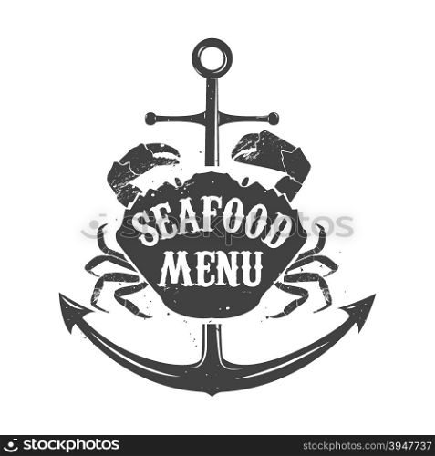 "Crab on a background of the anchor and the words "seafood menu". seafood meny label template. Vector illustration."