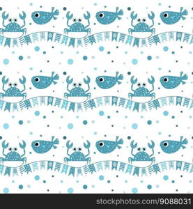 Crab, puffer fish and sea flags on a transparent background. Vector seamless pattern. For fabric, baby clothes, background, textile, wrapping paper and other decoration. 