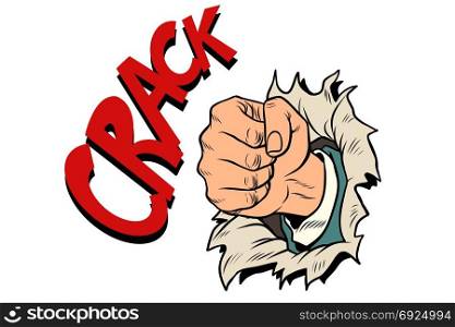 crack, a fist punches the paper. isolated on white background. Pop art retro vector illustration. crack, a fist punches the paper