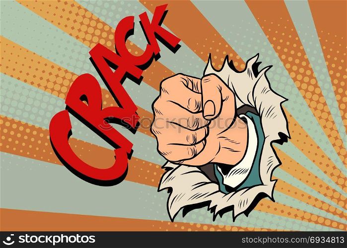 crack, a fist punches the paper. Pop art retro vector illustration. crack, a fist punches the paper