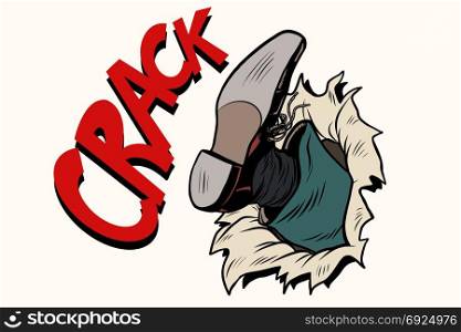 crack Kick breakthrough paper background. Pop art retro vector illustration. crack Kick breakthrough paper background