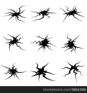 Crack on ground.Top view of simple fractured terrain. Vector illustration set isolated on white.