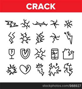 Crack Things Collection Elements Icons Set Vector Thin Line. Crack Glass And Window, Shield And Smartphone Display Screen, House And Heart Concept Linear Pictograms. Monochrome Contour Illustrations. Crack Things Collection Elements Icons Set Vector