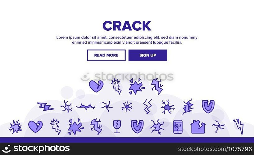 Crack Things Landing Web Page Header Banner Template Vector. Crack Glass And Window, Shield And Smartphone Display Screen, House And Heart Illustration. Crack Things Landing Header Vector