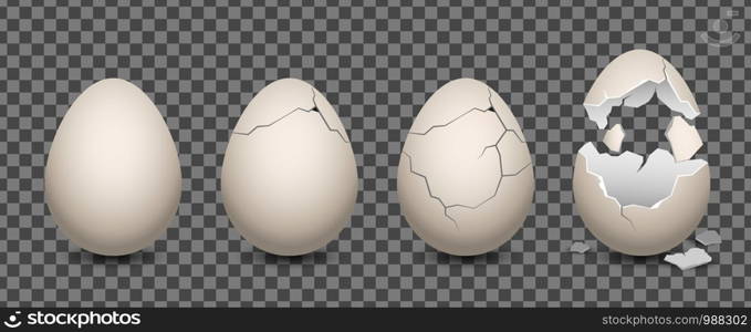Cracked egg. Cartoon 3d realistic chicken broken eggs with cracks and smithers. Vector illustration culinary ingredient set on transparent background. Cracked egg. Cartoon chicken broken eggs with cracks and smithers. Vector culinary ingredient set on transparent background