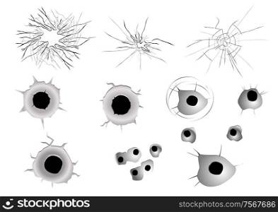 Cracked glass and bullet holes set isolated on white background for any criminal or damage design
