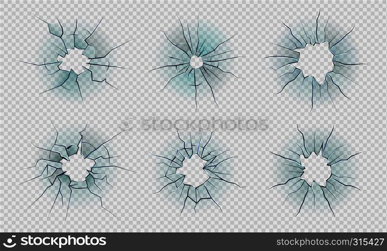 Cracked glass. Smashed ice effect, realistic texture of broken mirror, bullet holes in transparent glass. Vector break surface set. Cracked glass. Smashed ice effect, realistic texture of broken mirror, bullet holes in transparent glass. Vector break surface