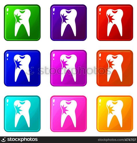 Cracked tooth icons of 9 color set isolated vector illustration. Cracked tooth icons 9 set