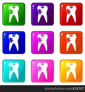 Cracked tooth icons of 9 color set isolated vector illustration. Cracked tooth icons 9 set