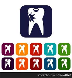 Cracked tooth icons set vector illustration in flat style In colors red, blue, green and other. Cracked tooth icons set
