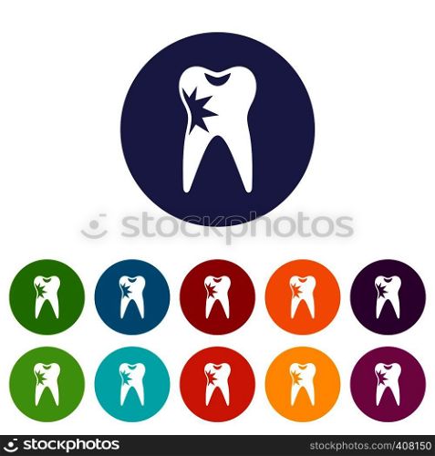Cracked tooth set icons in different colors isolated on white background. Cracked tooth set icons