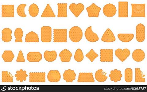 Crackers icons set cartoon vector. Round cookie. Snack food. Crackers icons set cartoon vector. Round cookie
