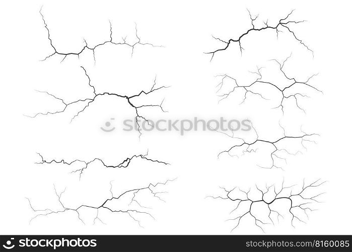 Cracks collection on wall, earth or stone. Scratches lines on surfaces. Lightning and thunderstorm vector illustrations. Fissure on ground and ice. Graphic explosions textures with holes. Cracks collection on wall, earth or stone. Scratches lines on surfaces. Lightning and thunderstorm vector illustrations. Fissure on ground and ice. Graphic explosions textures with holes.
