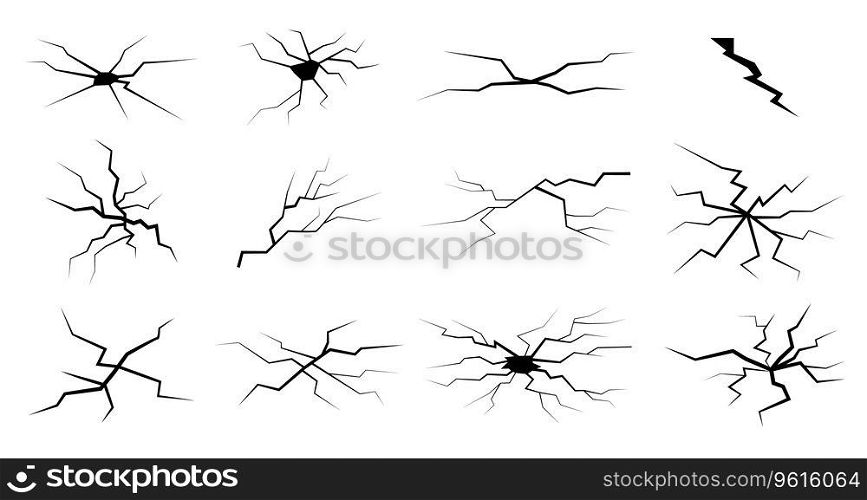 Cracks icon set. Vector isolated strike elements. Different shaped fractures. Crack from hit and crash on earth, ice, window. Set of simple black and white hits.. Vector isolated strike element set.