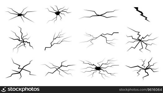 Cracks icon set. Vector isolated strike elements. Different shaped fractures. Crack from hit and crash on earth, ice, window. Set of simple black and white hits.. Vector isolated strike element set.