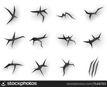 Cracks torn with claw scratches, vector realistic icons on white paper background. Beast claw marks with torn scratches and sharp fissures texture, dry damaged breaks and scraps. Wild animal claw scratches, torn shreds in paper