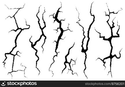 Cracks wall. Fracture structure surface, cleft broken dry lining wall or destroyed cracked glass, earthquake destruction, damage texture effect. Ground fracture hole silhouettes. Vector isolated set. Cracks wall. Fracture structure surface, cleft broken dry lining wall or destroyed cracked glass, earthquake destruction, damage texture effect. Ground fracture hole silhouettes vector set