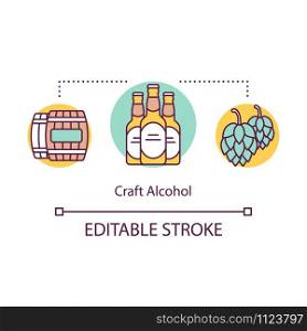 Craft alcohol concept icon. Beer local production idea thin line illustration. Small bussiness. Regional brewery products. Craft distillery. Vector isolated outline drawing. Editable stroke