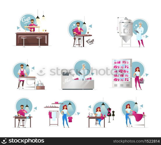 Craft beer and meat production flat vector illustrations set. Furniture manufacturing. Shoes and clothing industry. Handmade items. Factory workers. Butcher&rsquo;s store. Isolated cartoon characters