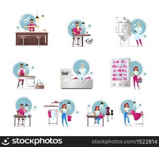 Craft beer and meat production flat vector illustrations set. Furniture manufacturing. Shoes and clothing industry. Handmade items. Factory workers. Butcher&rsquo;s store. Isolated cartoon characters