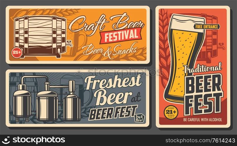 Craft beer and snacks vector posters. Glass cup with foamy drink, wooden barrel, malt ears and brewery. Alcohol drinks age restriction, craft beer fest, beerhouse tavern, pub vintage cards. Craft beer and snacks vector posters