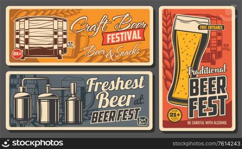 Craft beer and snacks vector posters. Glass cup with foamy drink, wooden barrel, malt ears and brewery. Alcohol drinks age restriction, craft beer fest, beerhouse tavern, pub vintage cards. Craft beer and snacks vector posters