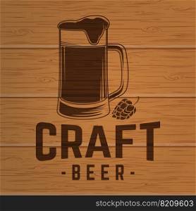Craft Beer badge. Vector illustration. Vintage design for bar, pub and restaurant business. Photorealistic wood engraved craft beer design.. Vintage design for bar, pub and restaurant business.