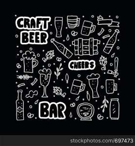 Craft beer elements set in doodle style. Symbols and lettering poster template. Vector illustration.