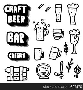 Craft beer elements set in doodle style. Symbols and sticker lettering black and white design. Vector illustration.