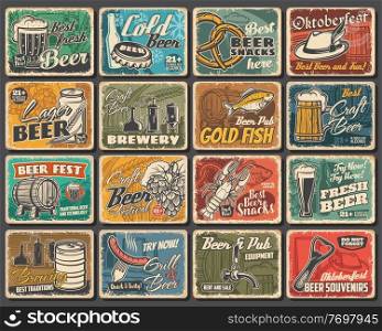 Craft beer festival, brewery and snacks tin signs. Beer brewing and pub equipment grunge vector metal plates, retro signs with tankard, smoked fish, lobster and pretzel, hop, barley and alpine hat. Beer fest, pub and brewery, snacks tin signs set