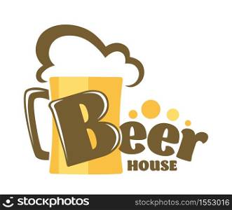 Craft beer house isolated icon mug with foam organic alcohol drink in glass cup hop and barley ingredients brewery or factory natural beverage production emblem or logo refreshment brewing bubbles. Beer house isolated icon mug with foam craft drink