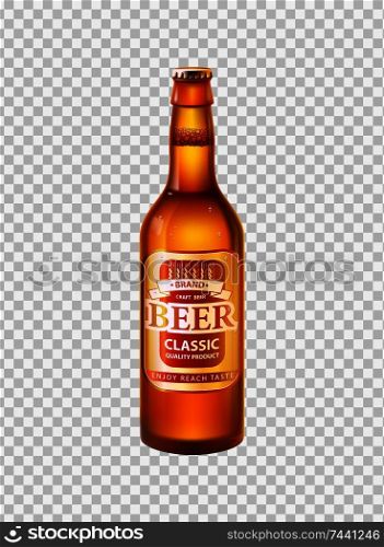 Craft beer in bottle with cap. Low alcohol drink made of hop and barley in glass container. Label on beverage realistic 3D vector on transparent backdrop. Craft Beer in Bottle with Cap Realistic 3D Vector
