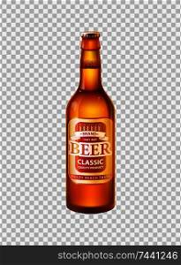 Craft beer in bottle with cap. Low alcohol drink made of hop and barley in glass container. Label on beverage realistic 3D vector on transparent backdrop. Craft Beer in Bottle with Cap Realistic 3D Vector