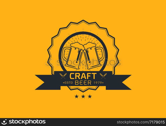 Craft beer logo icon emblem design. Rough Handmade Alcohol Banner. badge isolated on yellow background vector illustration