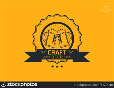 Craft beer logo icon emblem design. Rough Handmade Alcohol Banner. badge isolated on yellow background vector illustration