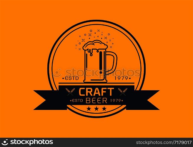 Craft beer logo icon emblem design. Rough Handmade Alcohol Banner. badge isolated on yellow background vector illustration